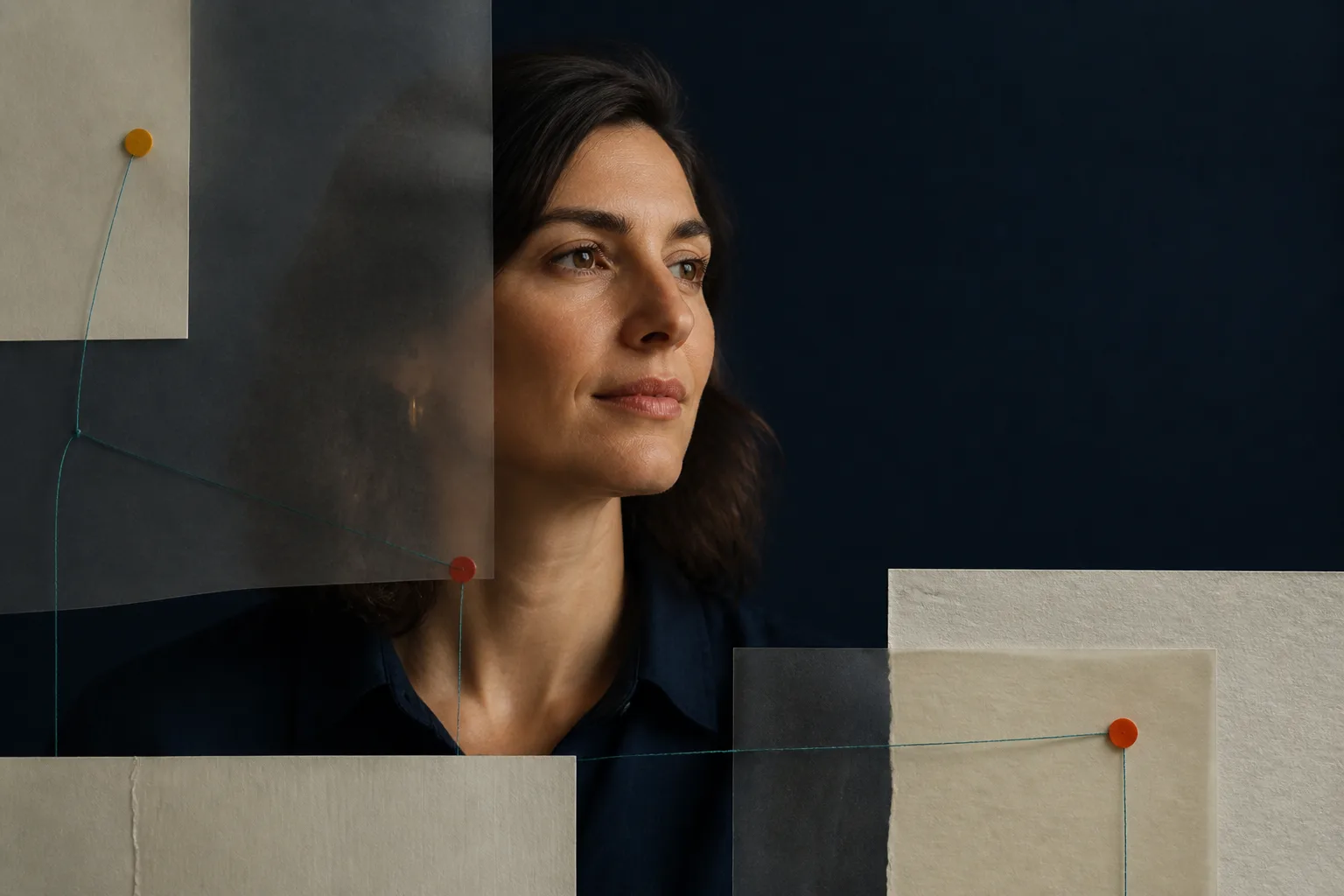 Abstract editorial portrait representing Maria, the fictional AI voice agent